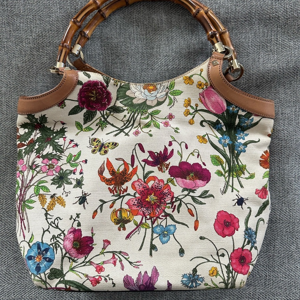 Gucci Floral Canvas Tote with Bamboo Handles
